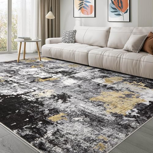 TARANCH Washable Rug 9x12 Area Rugs for Living Room: Modern Abstract Neutral Soft Large Rug for Bedroom Dining Room Under Kitchen Table Home Office Decor - Black Gold