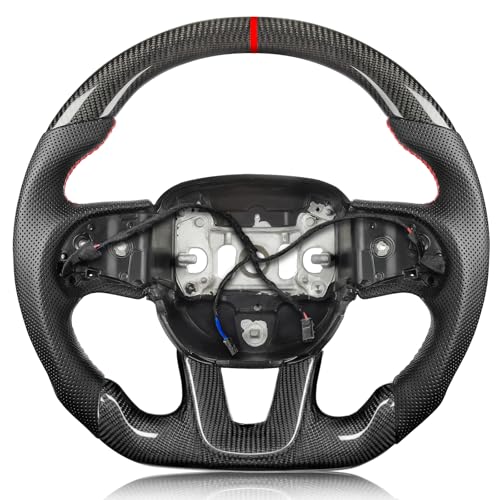 Tesfeel Steering Wheel for Dodge Charger for Dodge Challenger 2015-2024 3K Real Carbon Fiber Steering Wheel D-shaped Flat-bottom Perforated Leather Grip (SXT/GT/RT/SRT) with Heating