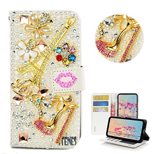 STENES Bling Wallet Phone Case Compatible with iPhone 11 - Stylish - 3D Handmade Eiffel Tower Girls High Heel Flowers Lips Leather Cover Case - Pink