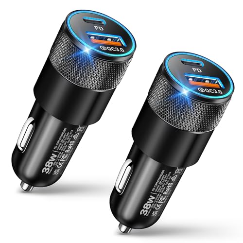 USB C Car Charger, 2 Pack 38W Dual Ports USB-C & USB-A Car Charger Adapter Fast Charging Cigarette Lighter USB Charger for iPhone 16 15 14 13, Samsung S24, Pixel Cargador Para Carro Phone Plug for Car