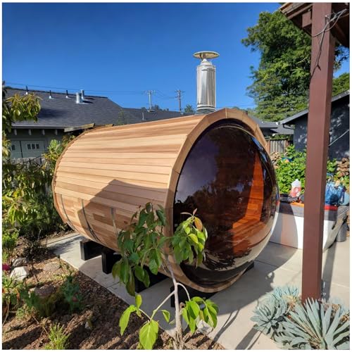 ZONEMEL Barrel Sauna Room with Panoramic View, Canadian Red Cedar Outdoor Sauna with Wood Shingle Roof, Wood-Fired Stove, 8 Person