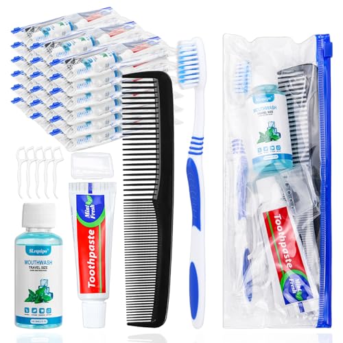 SLequipo 30 Set Travel Toothbrush Kit Bulk,Disposable Toothbrush with Toothpaste Set with Mouthwash,Toothpaste,Cover,Comb,Zip Bag,Floss Picks,Toothbrushes Set for Homeless,Travel