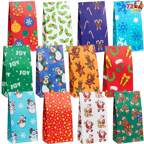 Joiedomi 72 PCS of Christmas Goody Kraft Bags, 12 Assorted Xmas Designs Small Holiday Goodie Gift Bags for Classrooms Party Favors, Christmas Craft Party Treat (9.75" x 3" x 5")