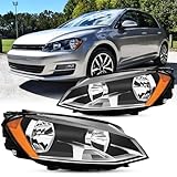 Aresparts 2pcs Headlights Assembly For 2015 2016 2017 Volkswagen Golf 7 GTI Sportwagen/Alltrack/For 2015-2019 VW E-Golf Halogen Replacement Headlamps Black Housing Amber Reflector