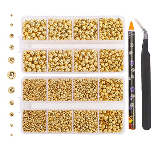 6540PCS Gold Resin Flat Back Pearls Rhinestones,Mixed Size 2/3/4/5/6/8/10mm Half Round Pearl Beads Nail Gems Rhinestone with Tweezers and Picker Pencil for Crafts Nail DIY Decoration