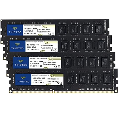 Timetec 16GB KIT(4x4GB) DDR3L / DDR3 1600MHz PC3L-12800 / PC3-12800 Non-ECC Unbuffered 1.35V / 1.5V CL11 2Rx8 Dual Rank 240 Pin UDIMM Desktop PC Computer Memory RAM Module Upgrade (16GB KIT(4x4GB))