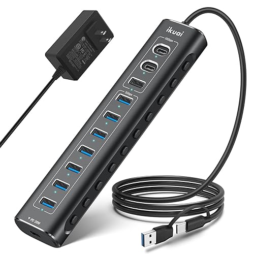 Powered USB Hub, 11-Port ikuai Hybrid USB 3.2/ USB C Hub with PD Charging Port and 60W Power Adapter, Aluminum USB Splitter Including 3 10Gbps Ports and 7 USB 3.0 Ports for PC, Laptop and More