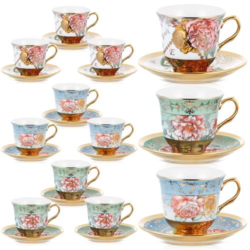 Teenyyou Set of 12 Tea Cups and Saucers Tea Party Decorations Floral Porcelain 5.4 oz British Gift for Women Birthday Party, Church, and Mother's Day (Classic Style)