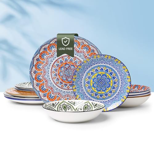 Ceramic Dinnerware 12 Pieces Dinner Set,Plates Pasta Bowls Cereal Bowls Reactive Change Glaze Dish Sets, Modern Stoneware Dishe Bohemian colors (Bohemia)