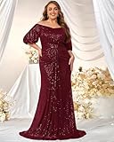 Women's Plus Size Off Shoulder Puff Sleeve Sequin Formal Maxi Dress Evening Party Gowns Red