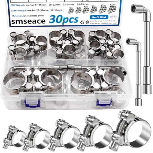 smseace 30Pcs 17-35mm T-bolt Hose Clamps 304 Stainless Steel 6-sizes Heavy Duty T bolt Hose Clamps with M8 and M10 Socket Wrenches