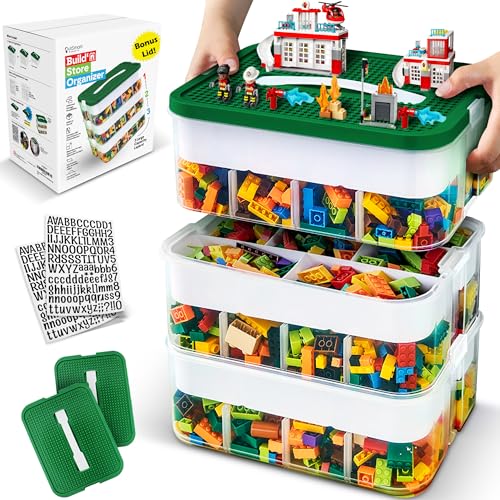 Outsmart Gadgets Stackable Toy Storage Organizer Bin for Lego, Building Bricks, Dolls, and Crafts Organization, Build on the Lid, 3 Layer Adjustable Compartments, Includes ABC Stickers and 2 Box Lids