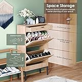 Yechen Shoe Rack Storage Organizer with 2 Natural Semi-Circular Rattan Doors, Entryway Wooden Shoe Cabinet for Sneakers, Leather Shoes, High Heels, Slippers (2 Piece, Oak)