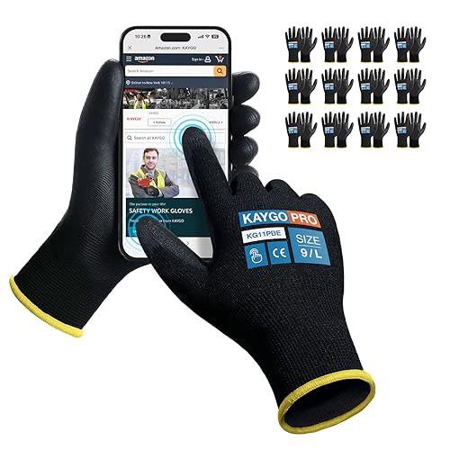 KAYGO Safety Work Gloves PU Coated for Men and Women, 12 Pairs KG11PB, Seamless Knit Glove with Two Fingers Touchscreen, breathable and lightweight Ideal for General Duty Work (Large,Black)