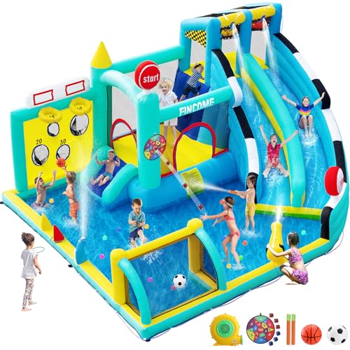 FINCOME Bounce House Double Slides for Kids 3-10, Large Bounce Castle with Air Blower 550W, Pool, Jumping, Climbing, Balls, Ring Toss, Inflatable Water Park for Birthday Party Holiday Outdoor Indoor