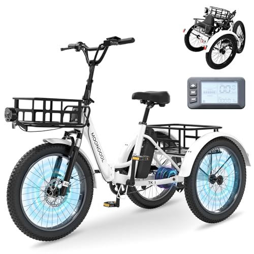 MOONCOOL Electric Tricycle for Adults, 500W/750W 48V 20" Folding Electric Trike Peak Power 1100W, 3 Wheels Electric Bicycle, Aluminum Frame Electric Tricycle with Large Basket and Removable Battery