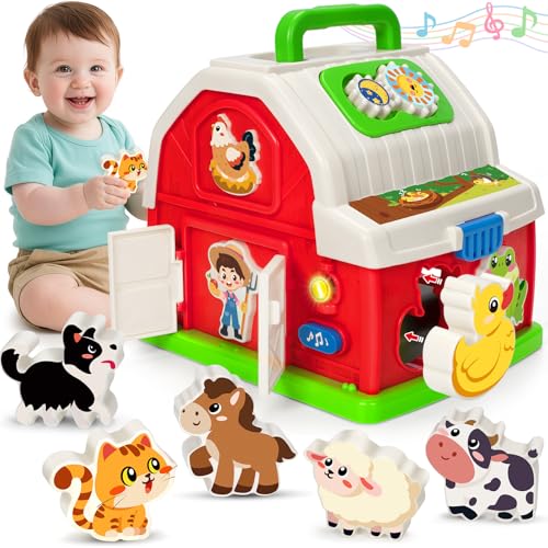 Montessori Toys for 1 2 3 Year Old Boys Girls, Musical Barn Farm Animal set for Toddler, Shape Sorting Educational Toy for Baby 12-18 Month, Learning Fine Motor Skills, Christmas Birthday Easter Gifts