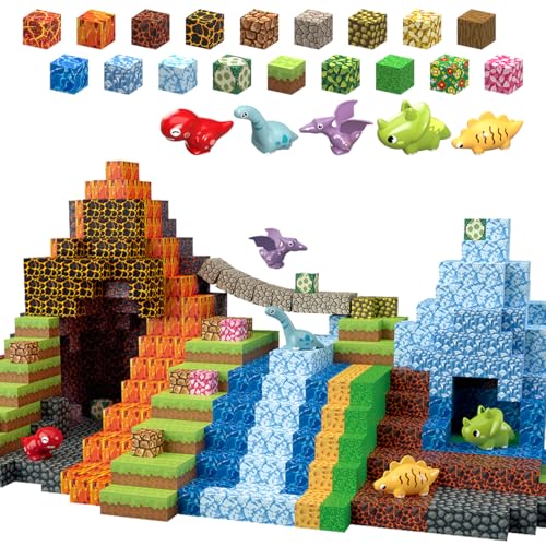 MEDMHSMA 205Pcs Dinosaur Toys Magnetic Blocks Build 3D Dinosaur World Jurassic Scenes, 1" Magnetic Building Blocks Magnet Cubes Tiles for Toddler Boys Girls 3+, STEM Sensory Building Toys Games