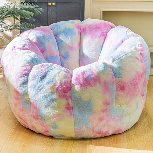 LinkRomat Giant Bean Bag Chair, Faux Fur Adult Chair with Petal Armrest Oversize Colorful Chair for Bedroom, Living Room, Dorm, Game - Rainbow, X-Large, High Support