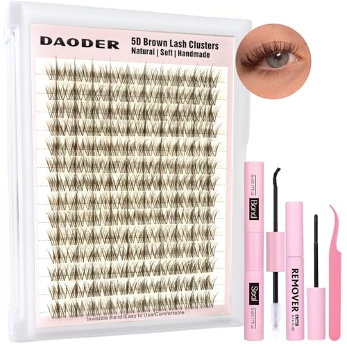 DAODER Brownn Lash Clusters Kit 5D Wispy Lash Extension Clusters Natural Eyelashes C curl 13mm Clear Band Lash Kit with Waterproof Lash Bond Seal Remover (5D Brown Lash clusters Kit 13mm Clear band)