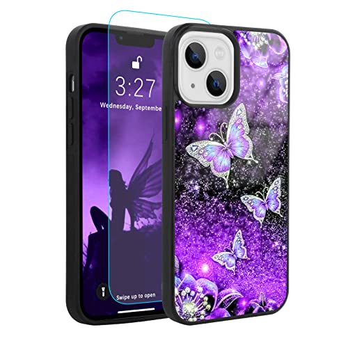 OOK Designs for iPhone 13 Case Glitter Purple Butterfly Nebula Space Design Hard PC+Soft TPU Bumper Anti-Slip Ultra Thin Cover Protective Shockproof Case for iPhone 13