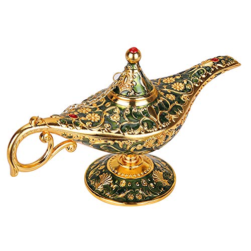 Vintage Aladdin Magic Genie Lamp Light for Home Party Wedding Table Decoration & Gift,Classic Zinc Alloy Arabian Lamp Jewelry Box (Gold & Green)