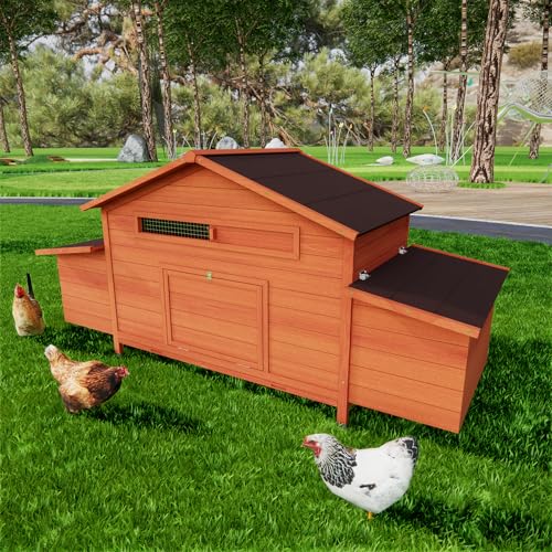 YOPTO 70" Large Wooden Chicken Coop for 4-6 Chickens,Hen House Poultry Pet Hutch Cage with 2 Side Nesting Boxes,2 Free-Range Doors and Leakproof Tray,Moisture Protection,Chicken Perch Inside,Brick Red