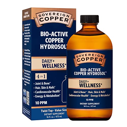 Sovereign Copper Bio-Active Copper Hydrosol, Daily+ 4-in-1 Wellness Supplement for Joint and Bone*, Hair, Skin and Nails*, Cardiovascular Health* and Energy and Metabolism Support*, 16oz