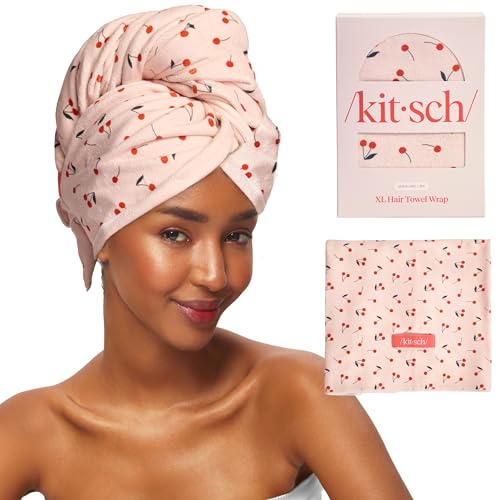 Kitsch XL Microfiber Hair Towel Wrap for Women - Microfiber Towel, Super Absorbent, Quick Dry, Anti-Frizz - for Long and Short Hairs, Turbans for Women, Wet and Curly Hair Wrap - 40x24" Cherry Print