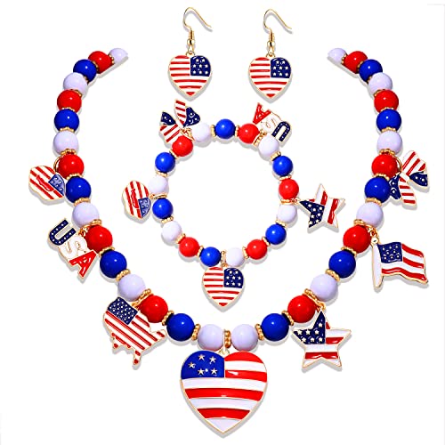 YAHPERN Patriotic Jewelry Set 4th of July Chunky Bead Pearl Choker Necklace American Flag Star Charms Bracelet Enamel Heart Drop Dangle Earrings for Women Independence Day Accessory Gifts (Style1)