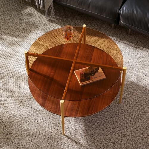 Saint Mossi Glass Round Coffee Table for Living Room, Middle-Century Modern Style, Coffee Brown Glass Top & Walnut Brown MDF Wood Top, with Gold Finish Legs & Frame