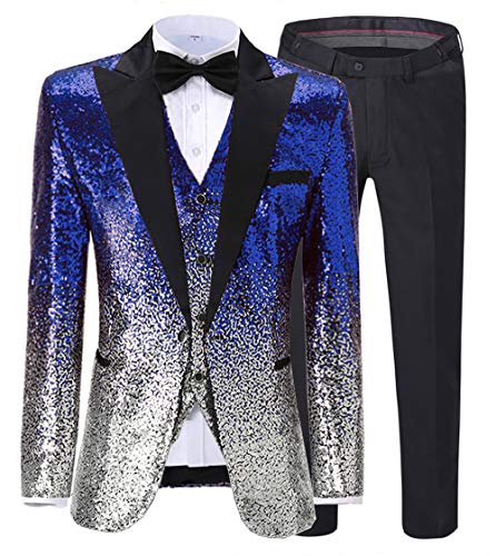 Zeattall Men's Suit Three Pieces Shiny Sequin Mens Suit Notch Lapel Tuxedo for Wedding(38 Regular,Royal Blue-Silver)