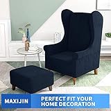 MAXIJIN Stretch Velvet Wingback Chair Slipcover 1-Piece Soft Stylish Plush Slipcovers for Wingback Chairs Thick Rich Velvet Wing Chair Cover with Elastic Bottom (Wing Chair, Navy Blue)