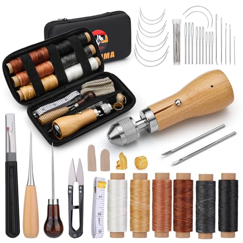 QMNNMA 40pcs Sewing Awl Kit with Bag, Portable Awl Tool Stitching with Instructions, Leather Sewing Waxed Thread Kit for DIY Leather Sewing Repair Craft