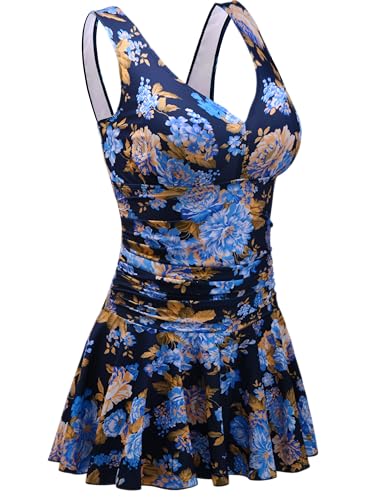 AONTUS Elegant Swim Dress for Mature Women Skirted One Piece V-Neck & Fixed Straps Modest Coverage Built-in Shapewear Resort Wear 2025 XXL