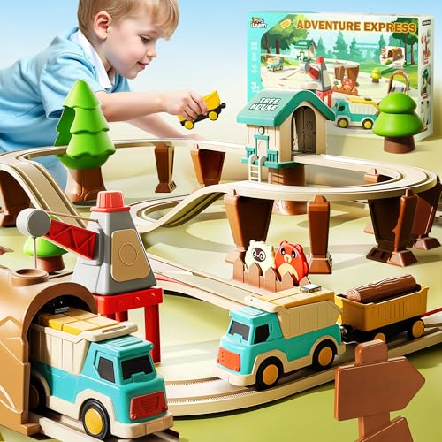 iPlay, iLearn 62PCS Electric Train Set for Toddlers, Kids Motorized Magnetic Train Toys W/Tracks, Forest Crane Adventure Railway Playset, Birthday Gifts for 3 4 5 6 7 8 Year Old Boys Girls Children
