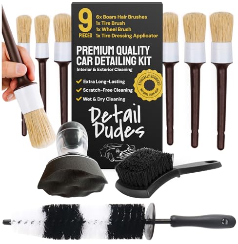 Detail Dudes Car Detailing 9pcs Set - 6 Ultra Soft Boar Hair Brushes for Interior & Exterior Cleaning - Complete Kit Wheel & Rim Brush, Rinse Cup for Dashboard and Tire Brus