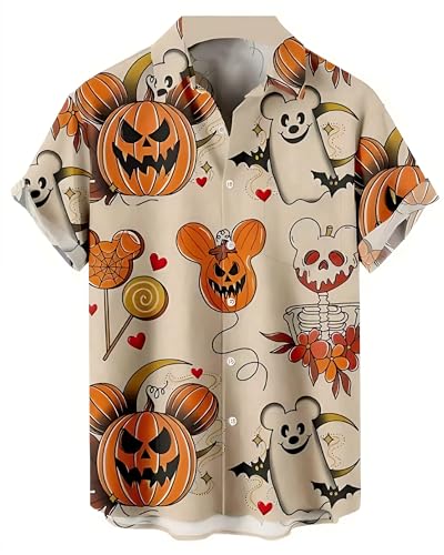 Mens Halloween Shirt Pumpkin Cartoon Print Hawaiian Short Sleeve Casual Button Down Shirts