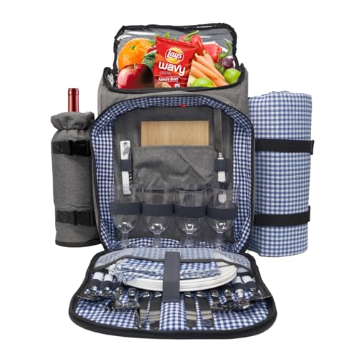 Nature Gear Large Picnic Backpack, Insulated Bag with Detachable Wine Cooler & Picnic Blanket, Includes Dinnerware Set for 4 & Picnic Accessories, Waterproof Outdoor Travel Backpack for Beach, Blue