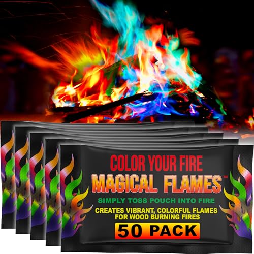 Magical Flames Fire Color Changing Packets for Fire Pit, Indoor/Outdoor Fireplace, Campfires, Bonfires- 50 Pack of Flame Color Changing Packets, Camping Accessories for Kids & Adults