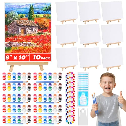 10Pack 8x10 Inch Canvas and Easel Set, Art Canvas Boards Bulk with Easel Stand, Mini Acrylic Paint & Brushes Set, Paint Trays, Sip and Paint Kit for Adults Kids Couples Day Night Paint Party