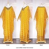 HD Yellow Nigerian Lace Dress Emboridery V Neck Caftan Gown for Woman Lace Gele Headwrap