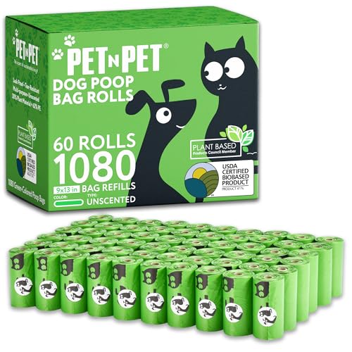 Pet N Pet 1080 Counts Green Poop Bags for Dogs, 38% Plant Based & 62% PE Extra Thick Dog Poop Bags Rolls, 9" x 13", Unscented Pet Waste Bag