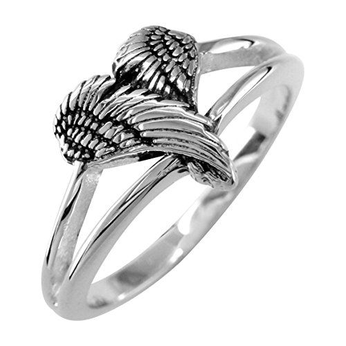 Small Angel Heart Wings Ring with Black, Wings of Love, 12mm in Sterling Silver Size 7