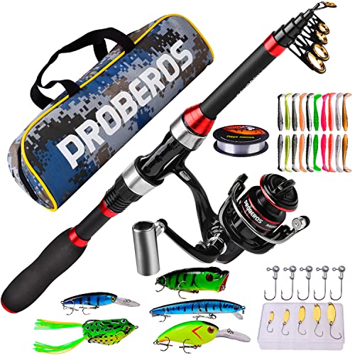 PROBEROS Kids Fishing Pole - Portable Telescopic Fishing Rod and Reel Combo Kit - Small Spinning Fishing Reel Rods with Lures Lines Tackle Box and Bag for Boys Girls Youth Fishing
