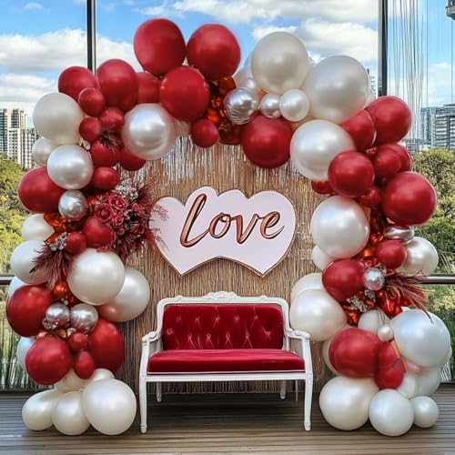 Red White Balloon Garland Double Stuffed Dark Red Pearl White Balloon Arch Kit Burgundy Balloons for Graduation Wedding Birthday Anniversary Bridal Engagement Party Decorations