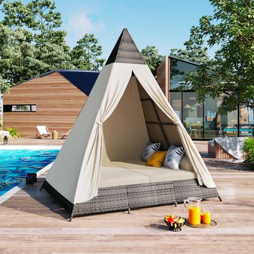 Outdoor Sunbed with Cushions and Colorful Pillows,Tent Shape Wicker Patio Daybed 90.5" Length Lounge Bed for Patio Lawn Garden Backyard Porch Pool（Brown + Beige）