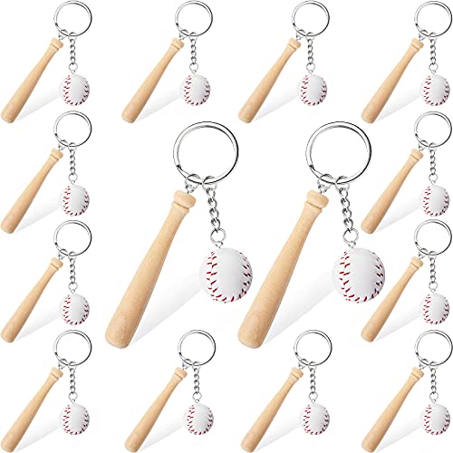 Hicarer 16 Pieces Mini Baseball Keychain with Wooden Bat for Sports Theme Party Team Souvenir Athletes Rewards Party Favors