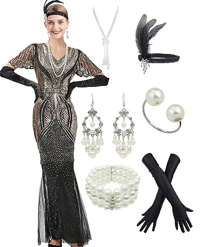 1920s Gatsby Flapper Evening Party Dress V Neck Sequins Mermaid Hem Cocktail Long Maxi Gown w/ 20s Accessories Set Black Gold