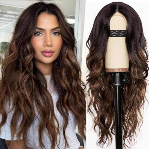 AISI HAIR Long Wavy Brown with Blonde Highlight Lace Hairline Wigs for Women, Middle Part Synthetic Heat Resistant Wig for Daily Party-26 Inch
